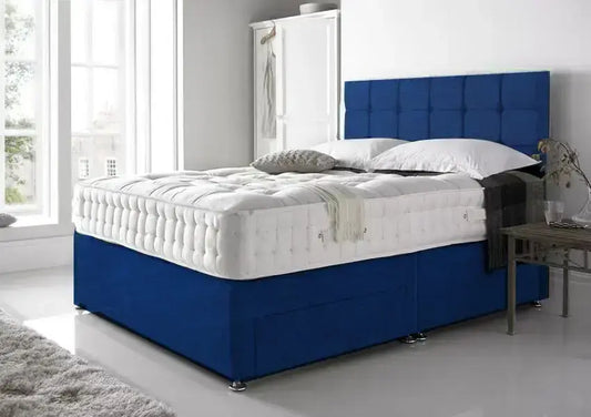 Blue Plush Divan Bed Set Headboard and Orthopedic Mattress Including