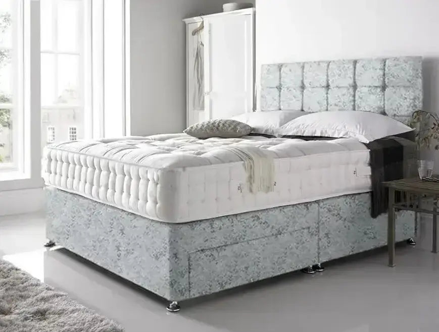 Silver Crushed Velvet Divan Bed Set with Headboard and Mattress option