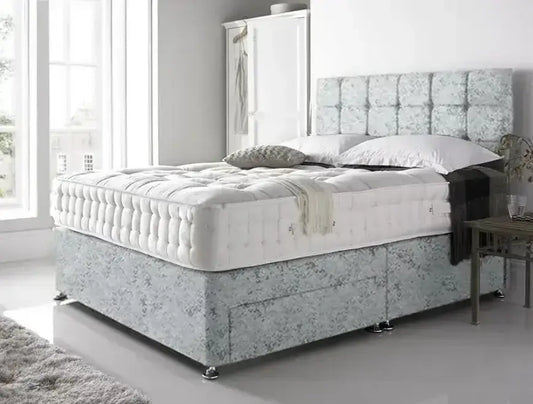 Silver Crushed Velvet Divan Bed Set with Headboard and Mattress option